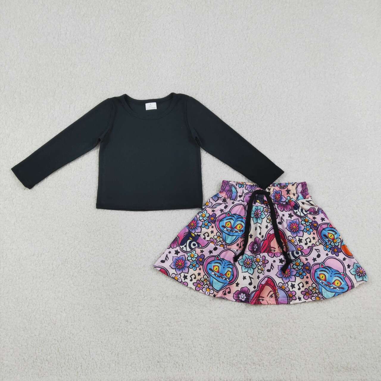 Black long sleeve kpop top matching skirt baby girl outfit