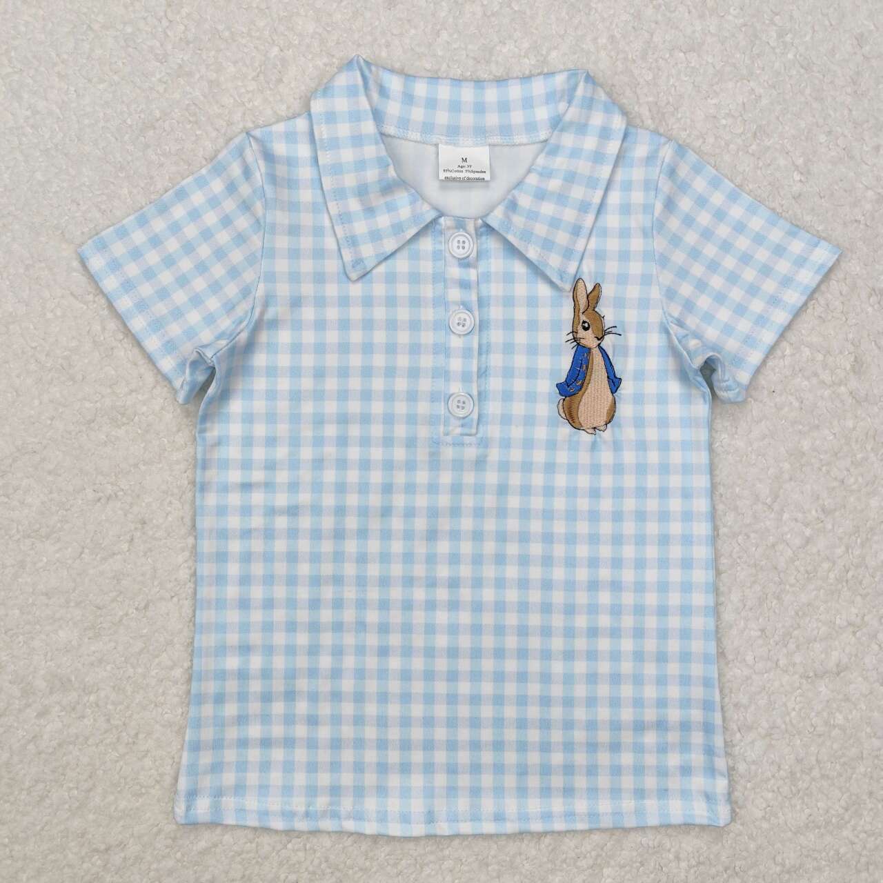 Embroidery Easter bunny blue plaid short sleeve t-shirt top