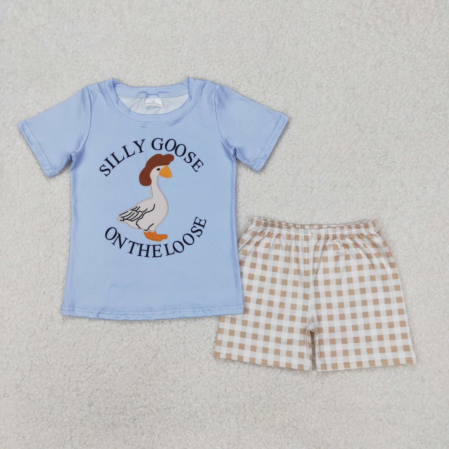 Baby boy goose shirt khaki plaid shorts summer outfit