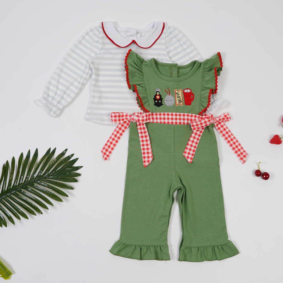 baby girl christmas believe train design long sleeve 2pcs suspender winter clothes