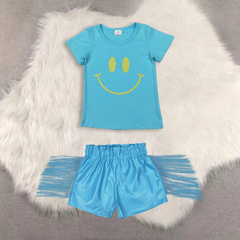 Smile face design top shiny leather shorts kids baby summer outfit