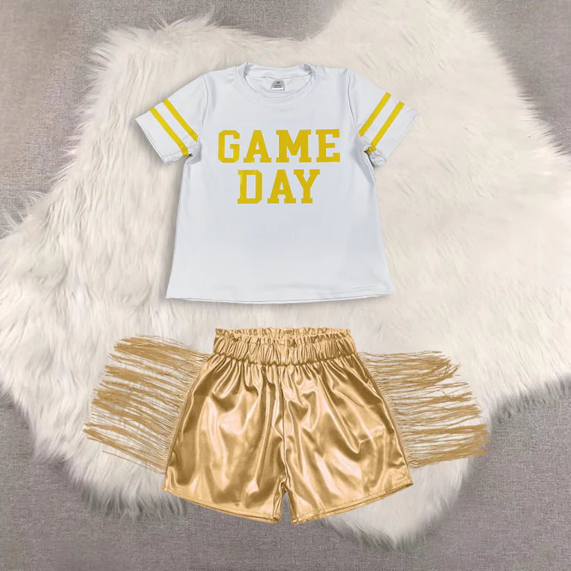 Game day short sleeve top shiny leather shorts kids baby summer outfit