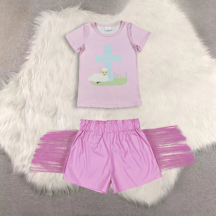 Easter short sleeve top shiny leather shorts kids baby summer outfit