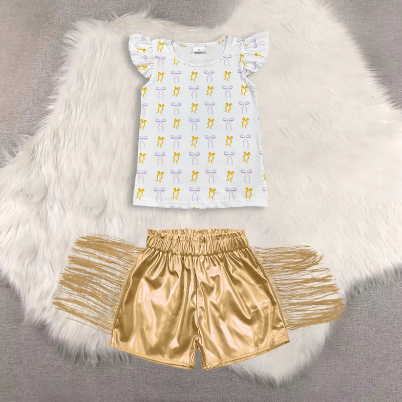 Bow print short sleeve top shiny leather shorts kids baby summer outfit