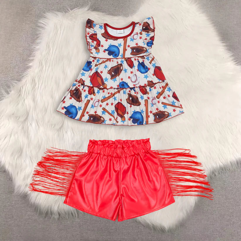 Baseball design top shiny leather shorts kids baby summer outfit