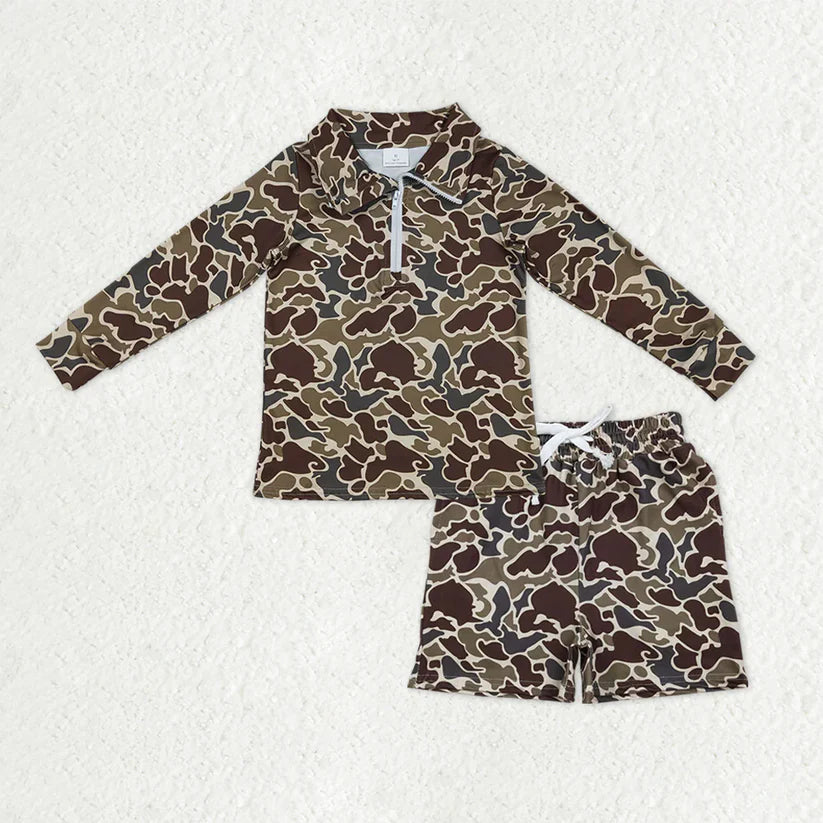 Camo long sleeve pullover top matching shorts boy summer outfit