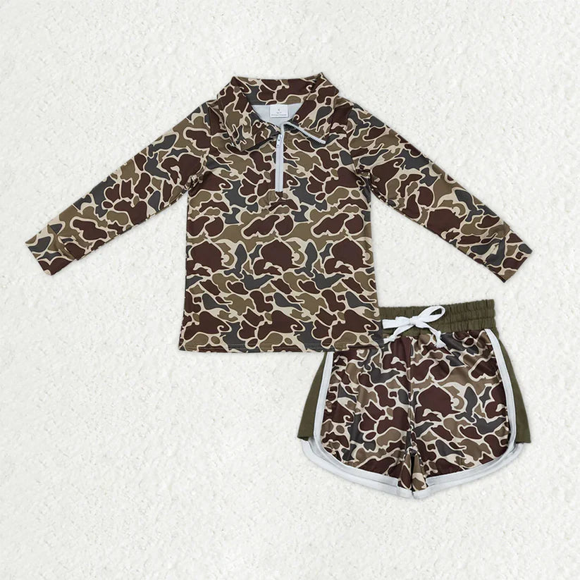Camo long sleeve pullover top matching shorts boy summer outfit