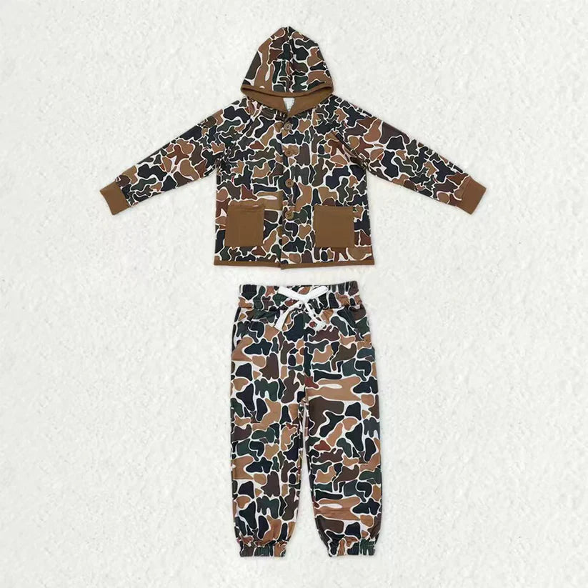 Camo pocket long sleeve hoodie top matching pants kids outfit