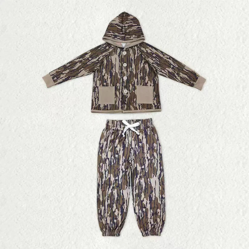 Camo pocket long sleeve hoodie top matching pants kids outfit