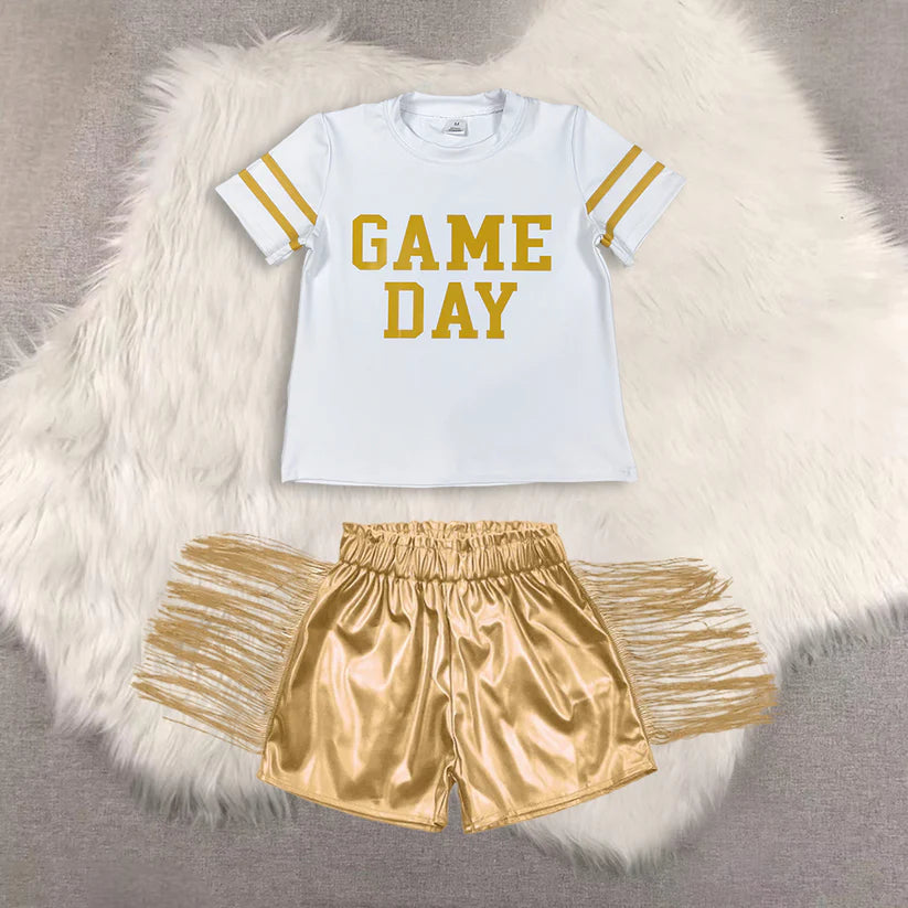 Game day short sleeve top shiny leather shorts kids baby summer outfit