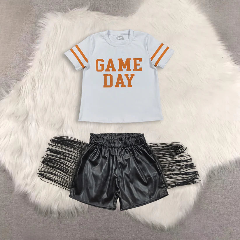 Game day short sleeve top shiny leather shorts kids baby summer outfit