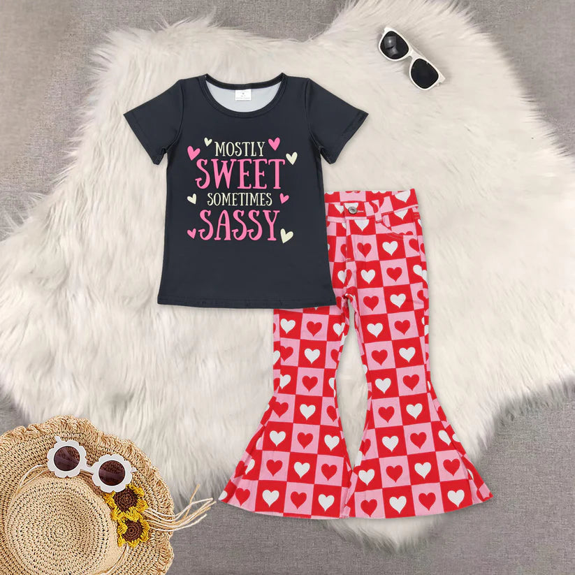 Sweet top red heart flare jeans pants Valentines day outfit