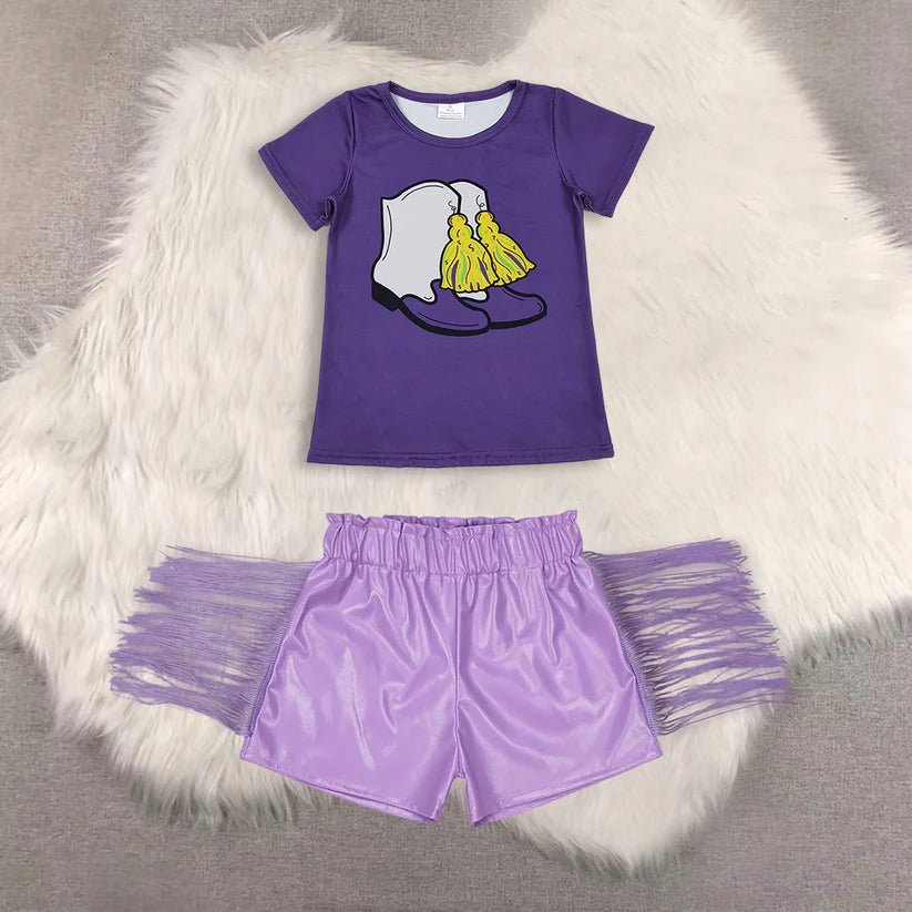 Mardi Gras short sleeve top shiny leather shorts kids baby summer outfit