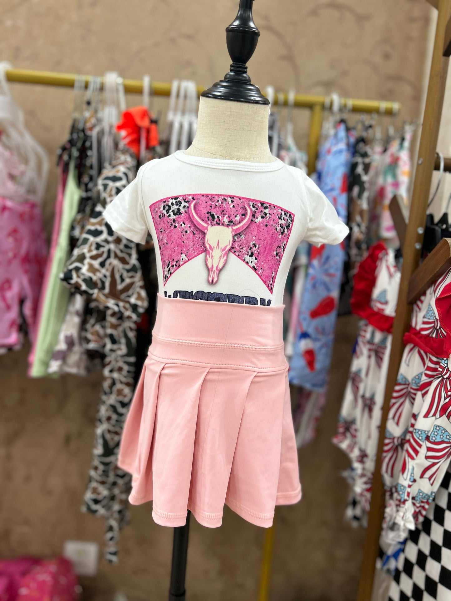 Girls western babe shirt matching pink yoga skirt summer outfit