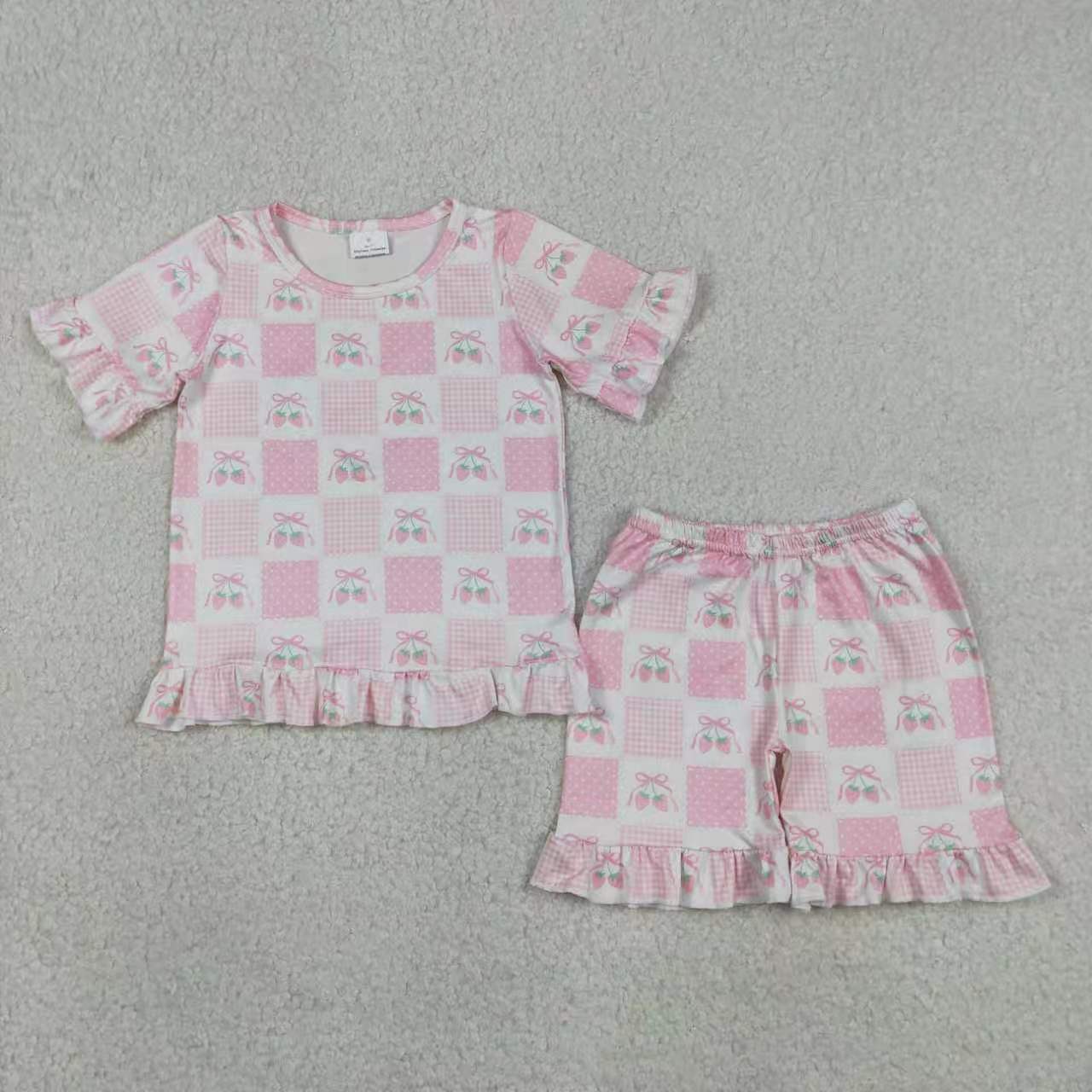 Pink bow short sleeve top matching shorts girls summer outfit