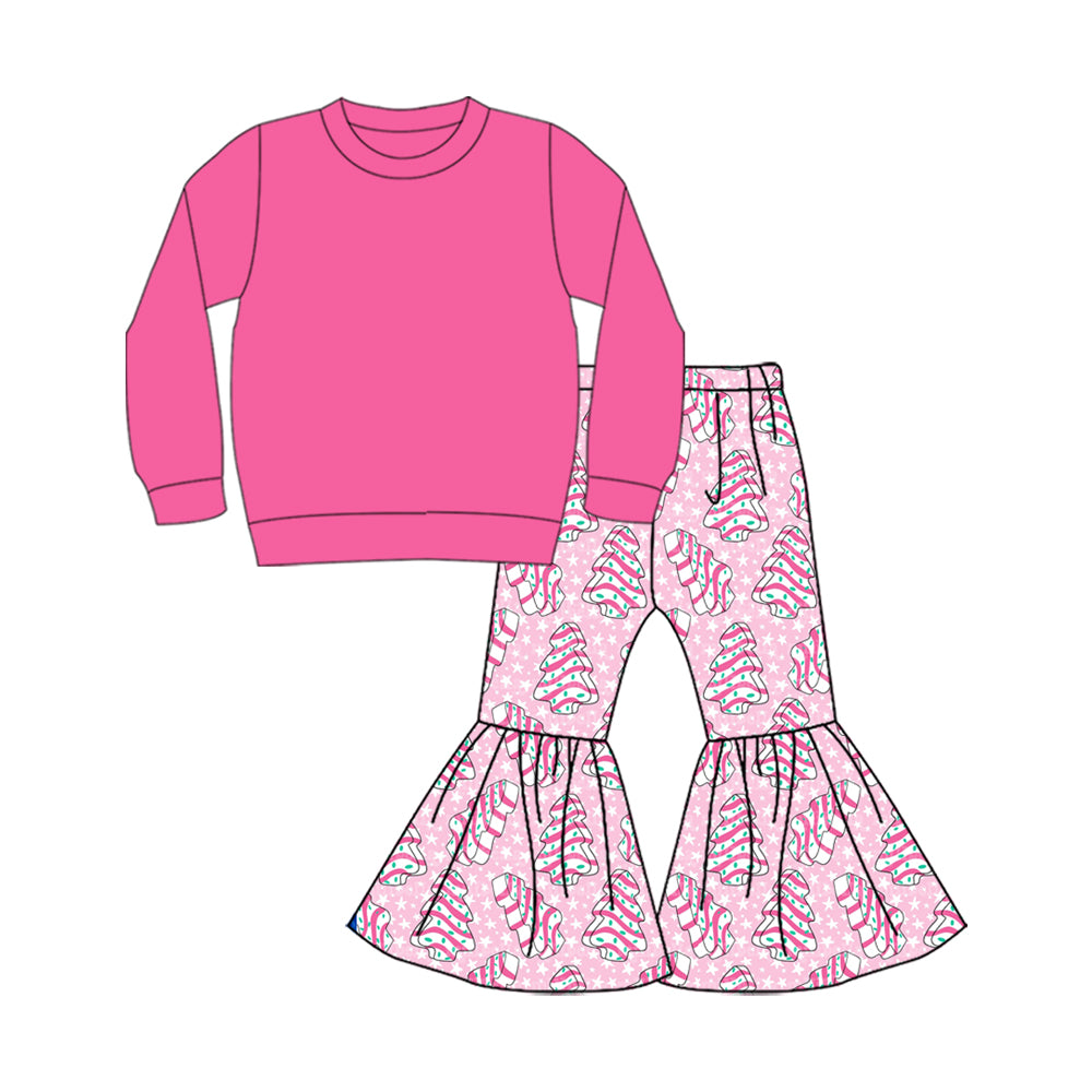 baby girl pink shirt tree cake bell bottoms Christmas design outfit