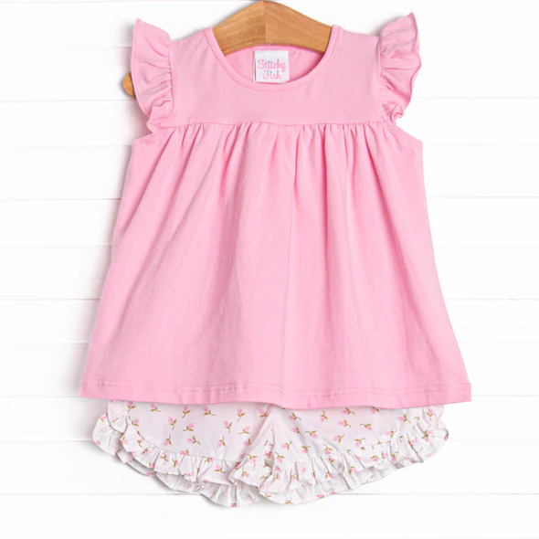 wholesale girls pink shirt flower shorts outfit