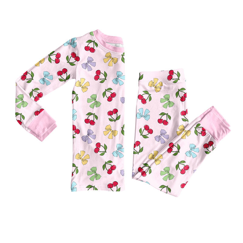 Cherry bows kids long sleeve pajama set wholesal factory price
