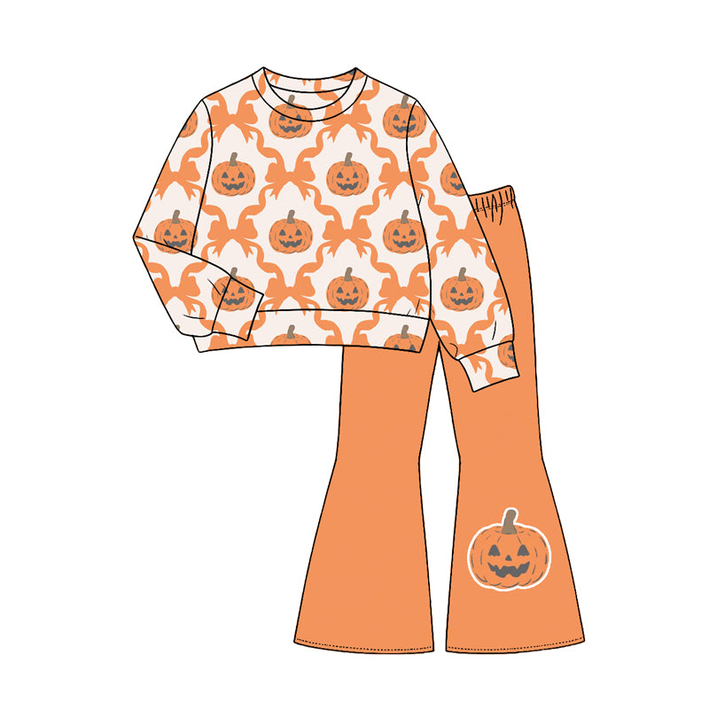 Toddle kids girl halloween pumpkin custom design long sleeve outfit