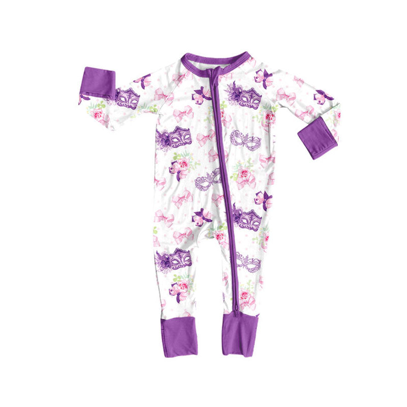 toddle baby Mardi Gras mask long sleeve zip romper