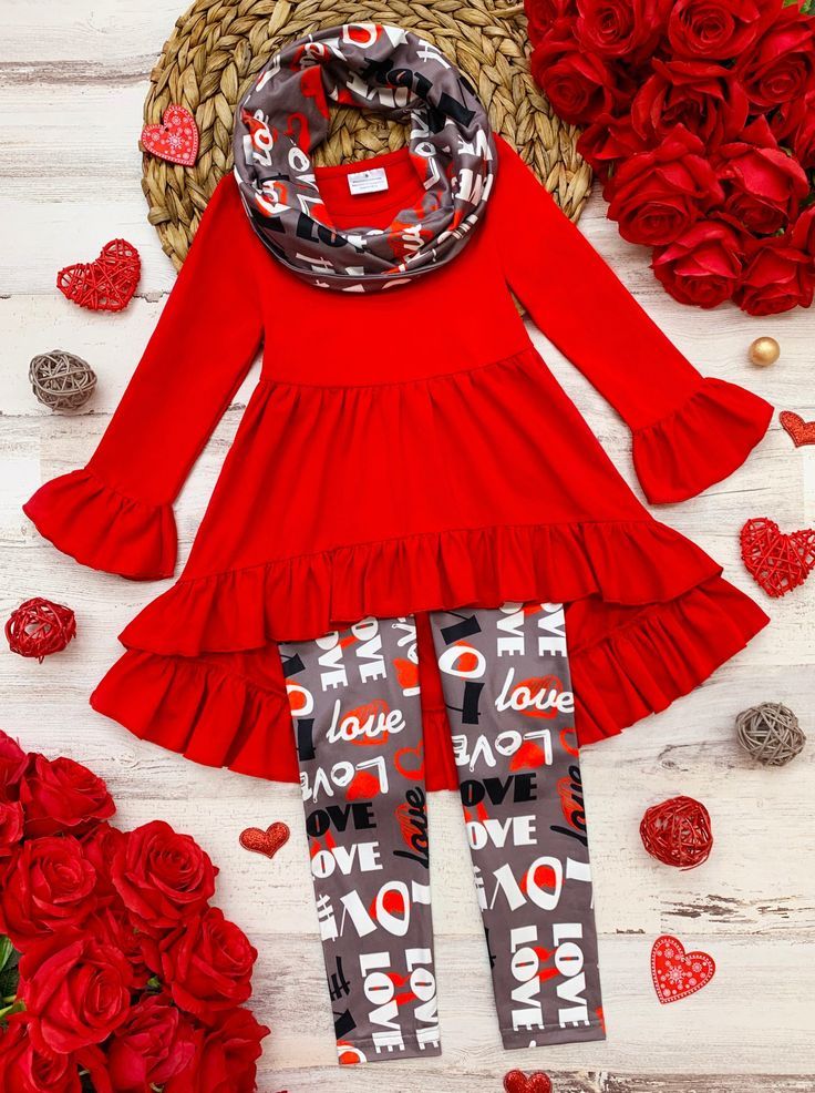 baby girls long sleeve Valentines day outfit scarf 3pcs set