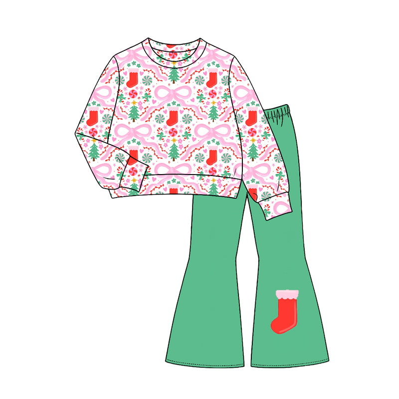 Toddle kids girl Christmas tree bow custom design long sleeve outfit