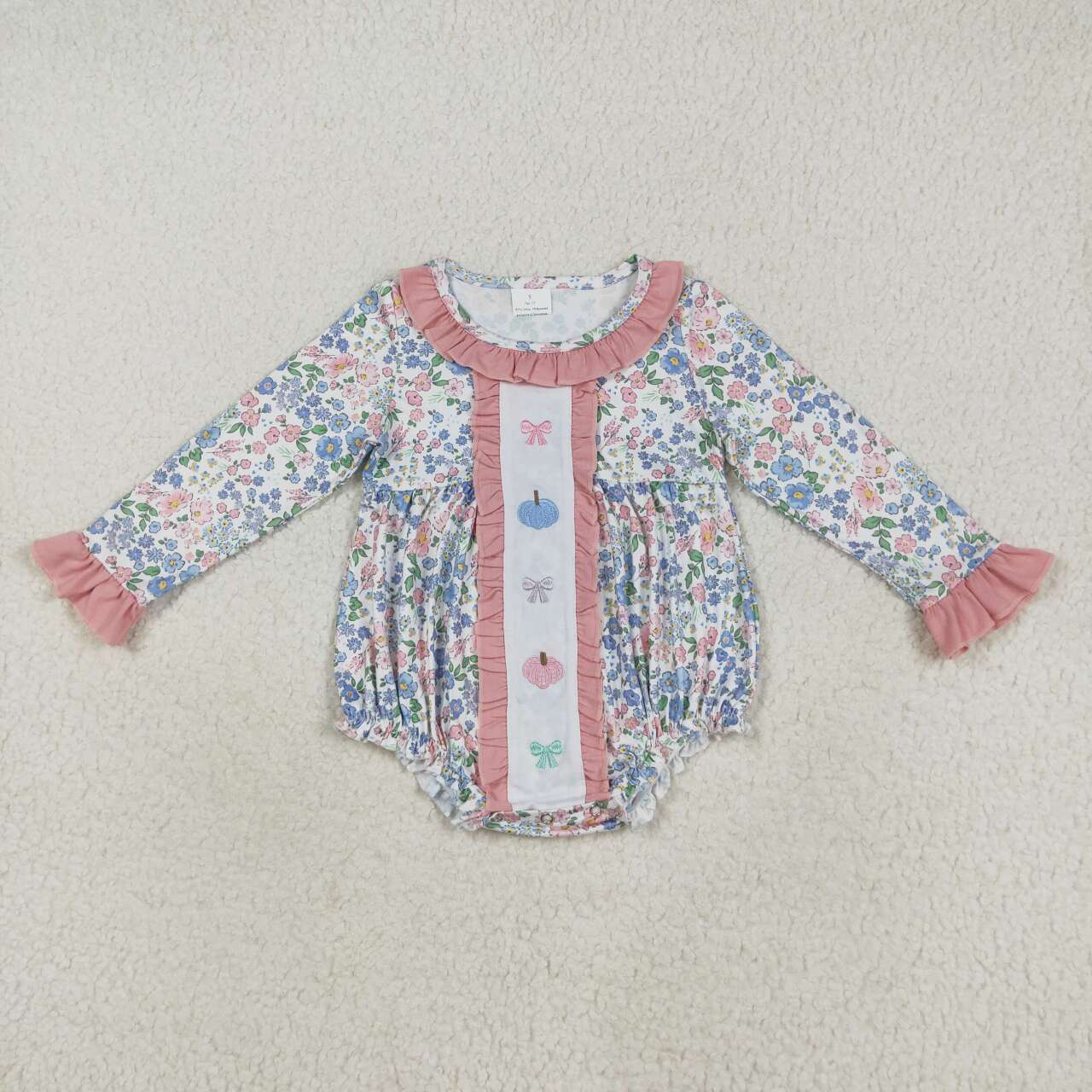 USA SHOP Embroidery Pink blue pumpkin floral baby long sleeve romper