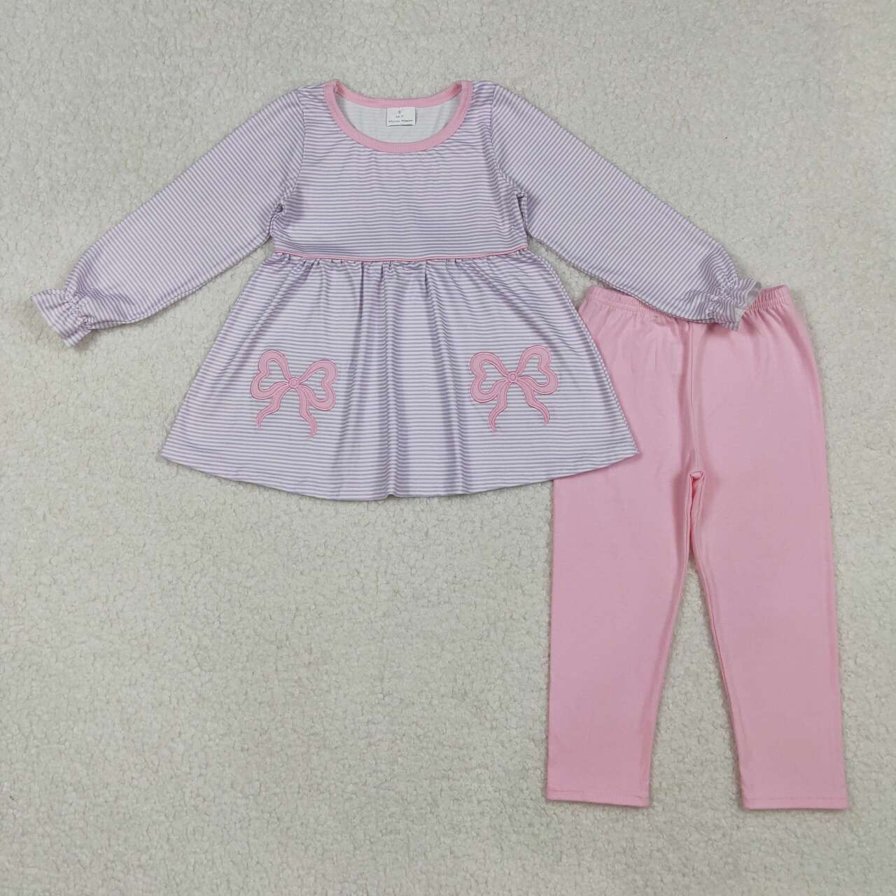 Embroidery bow Lavender stripes top pink leggings kids girls matching outfit