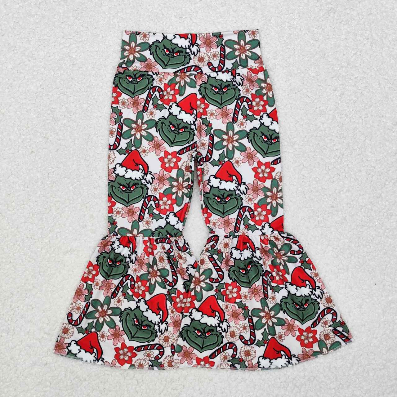 Christmas green face candy cane floral milk silk bell bottoms pants