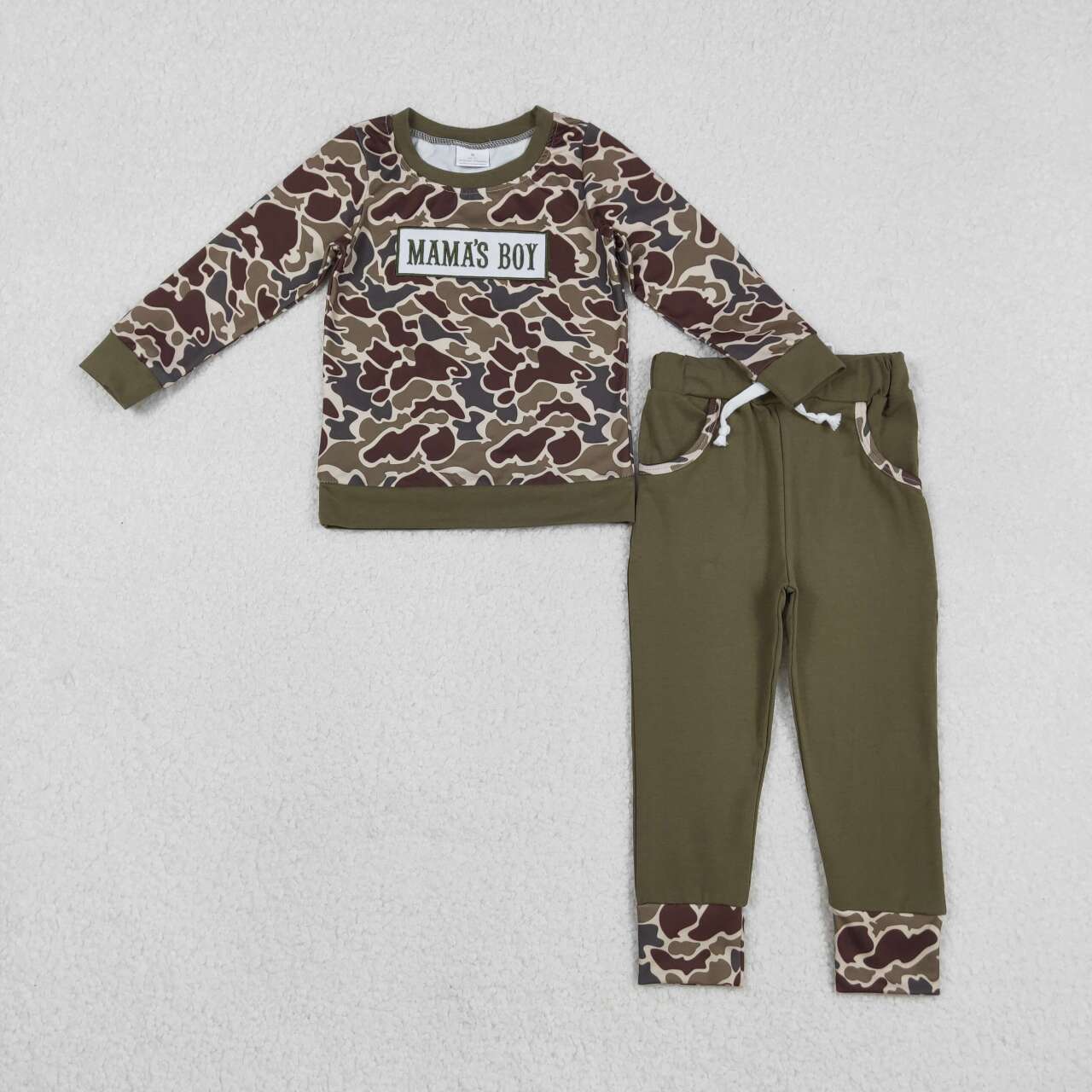 Embroidery mamas boy dark green camo top matching pants outfit