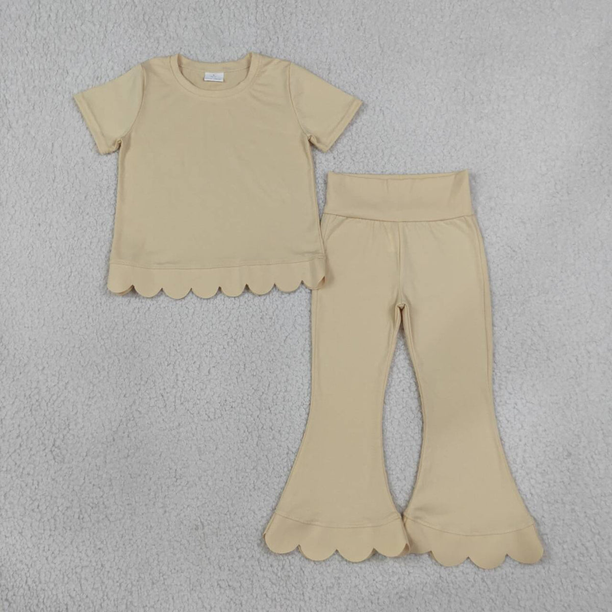 Girl cream color short sleeve scallop top matching pants wholesale outfit