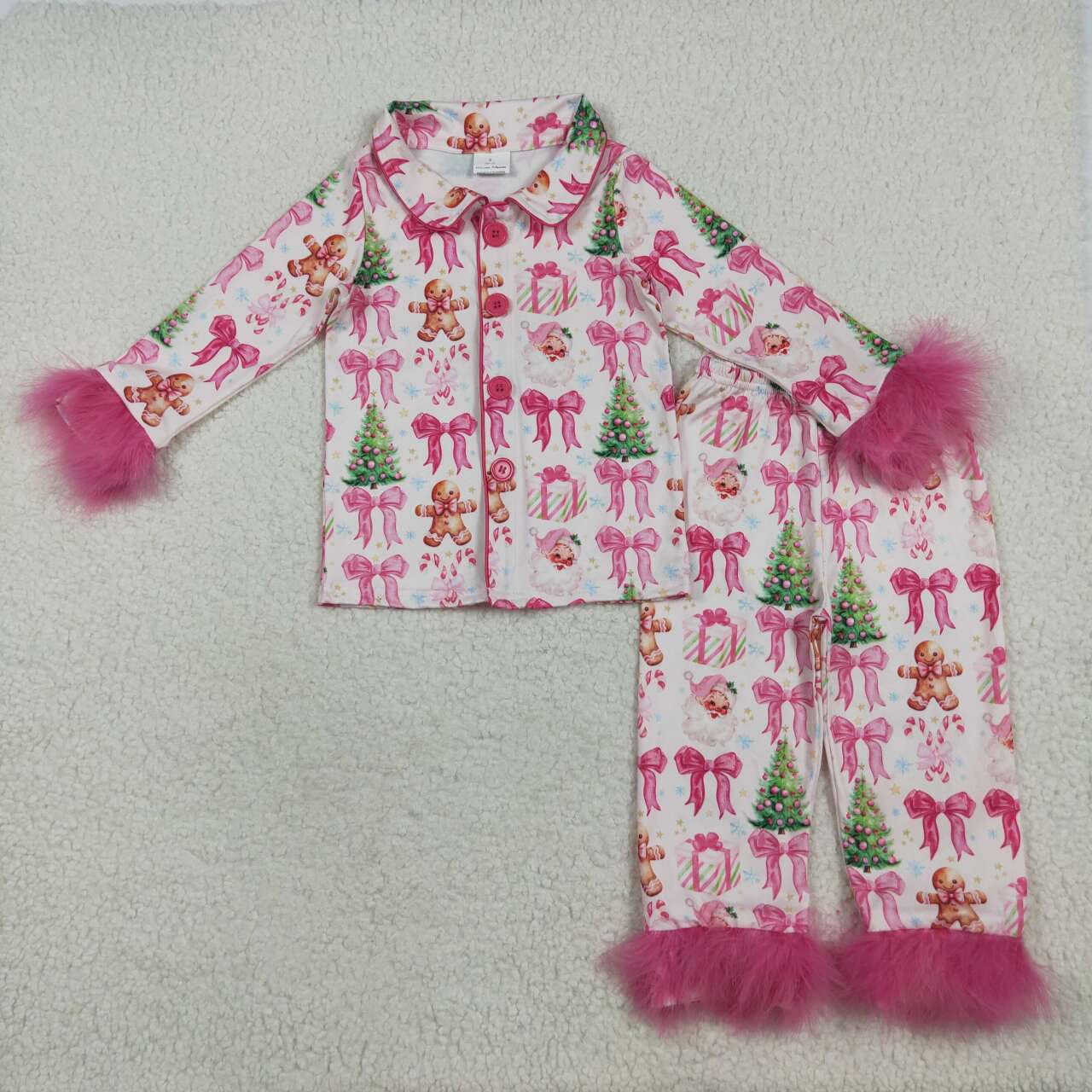 Christmas tree gingerbread pink bow long sleeve fur pajama set outfit