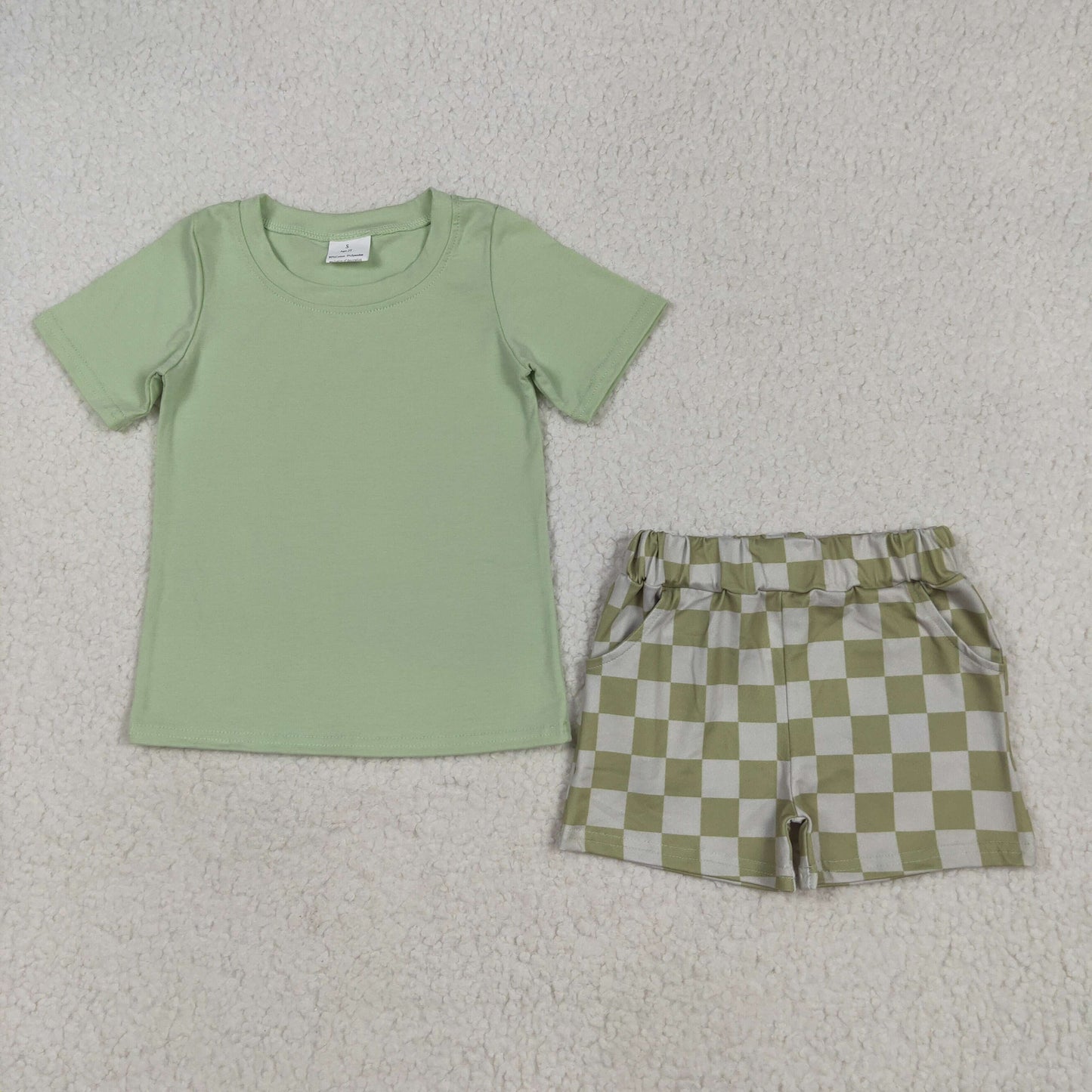 Green shirt plaid shorts boys summer clothes