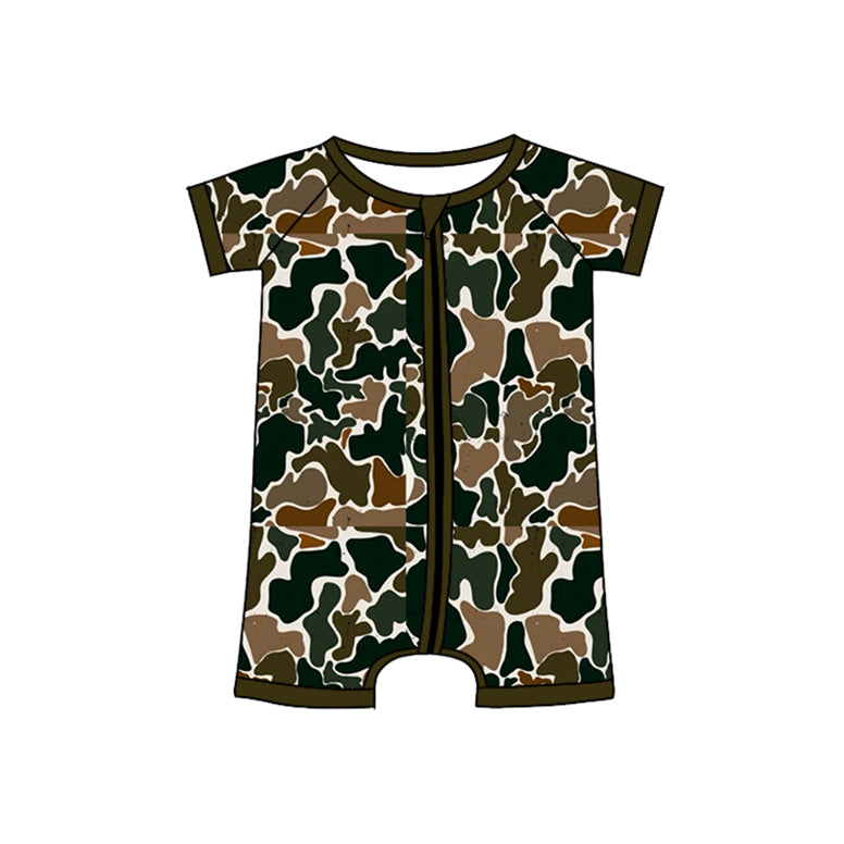 toddle kids baby green brown camo short sleeve zip romper