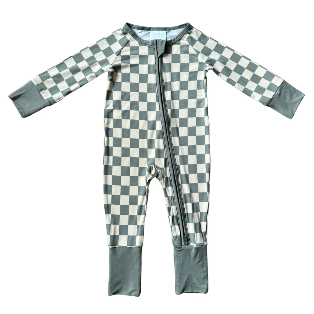 Light Green Checkered Long Sleeve Zipper Romper Preorder
