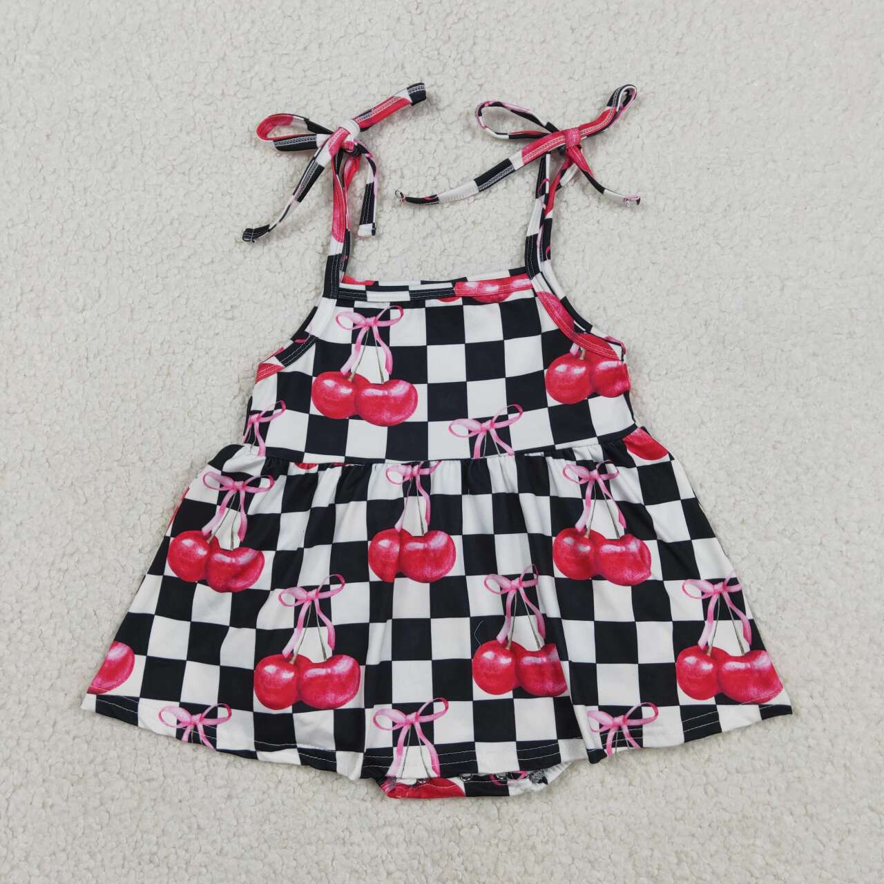 Black checkered cherry design baby short sleeve romper