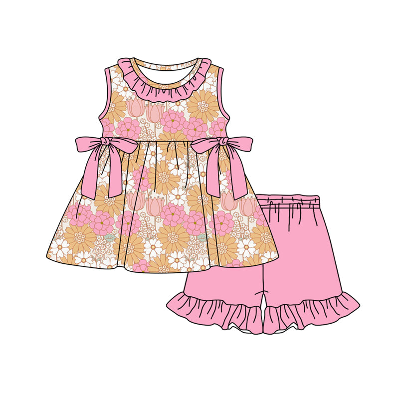 Yellow pink flowers top matching shorts custom design girls summer outfit