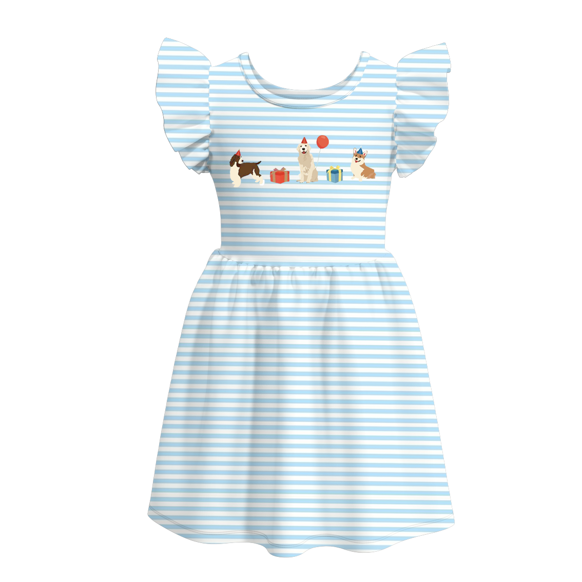 Wholesale Kids Girls Blue Stripes Birthday Short Sleeve Dress