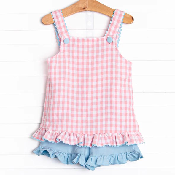 pink plaid top blue shorts wholesale summer clothes