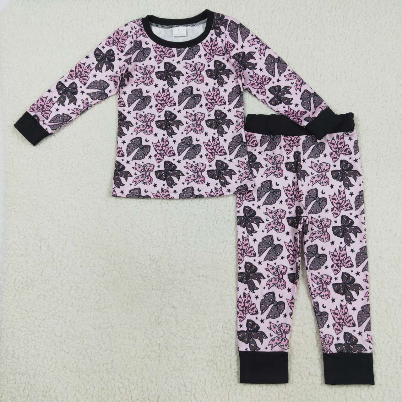 Pink black bow girl long sleeve pajama set clothes