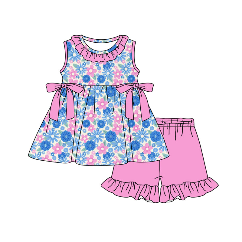Blue pink flowers top matching shorts custom design girls summer outfit