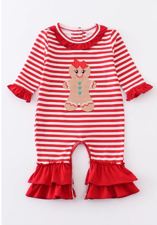 Christmas gingerbread red stripes long sleeve romper