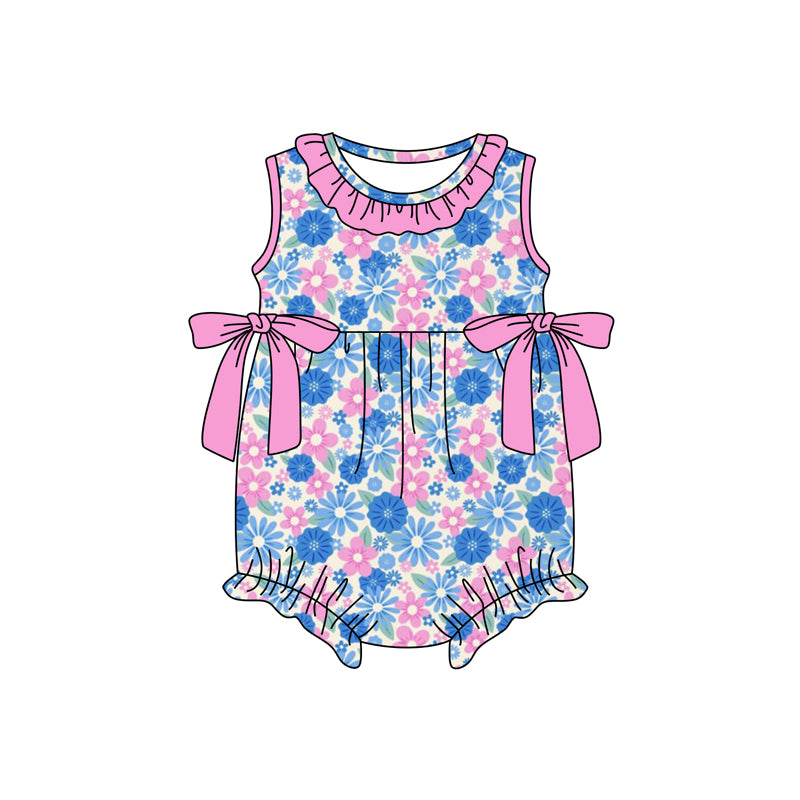 Blue pink flowers design toddle girls summer romper