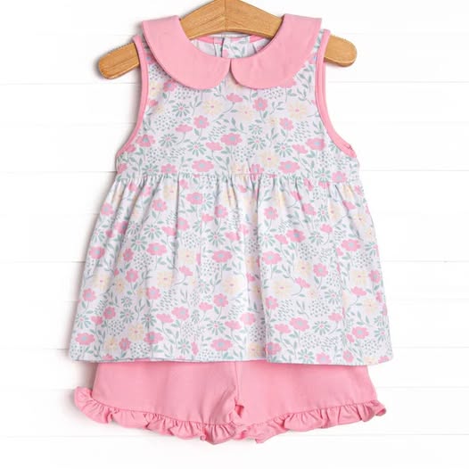 Pink yellow floral design girls summer outfit