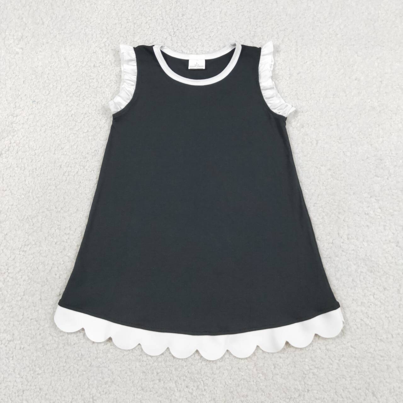 Black color white ruffle girls summer dress