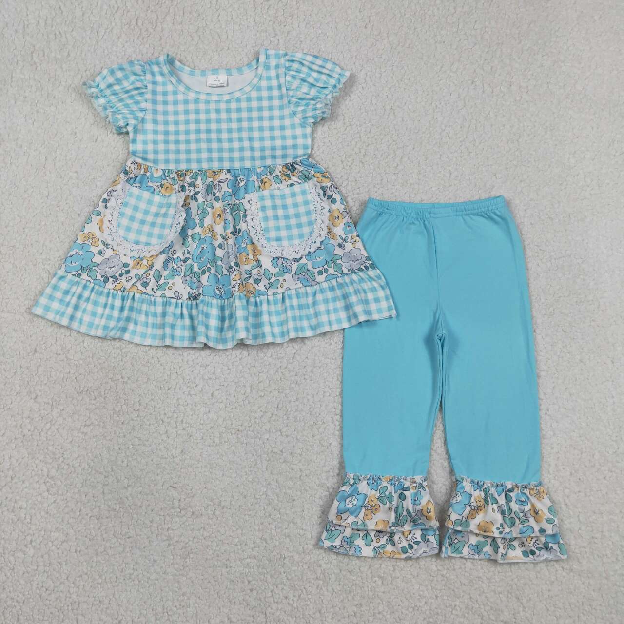 Blue plaid pocket floral top matching pants kids girls outfit