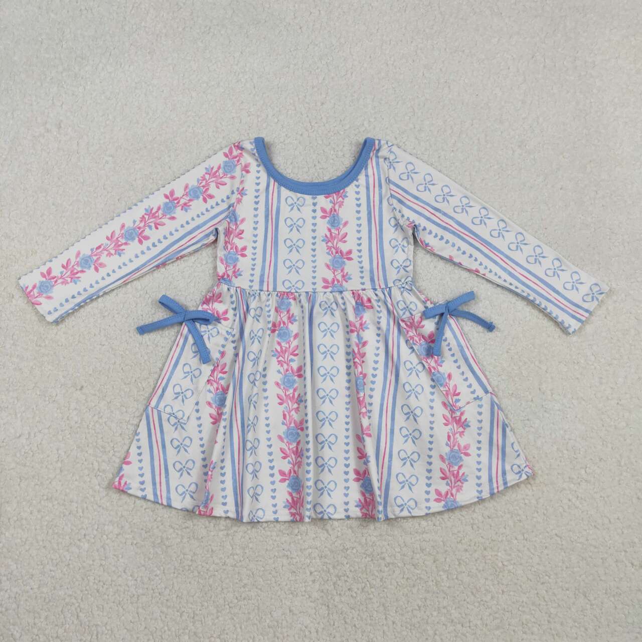 Blue bow floral design girls long sleeve dress