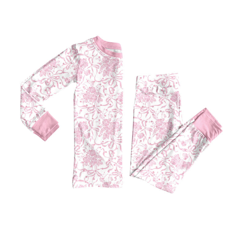 Pink bow print kids pajama set wholesal factory price