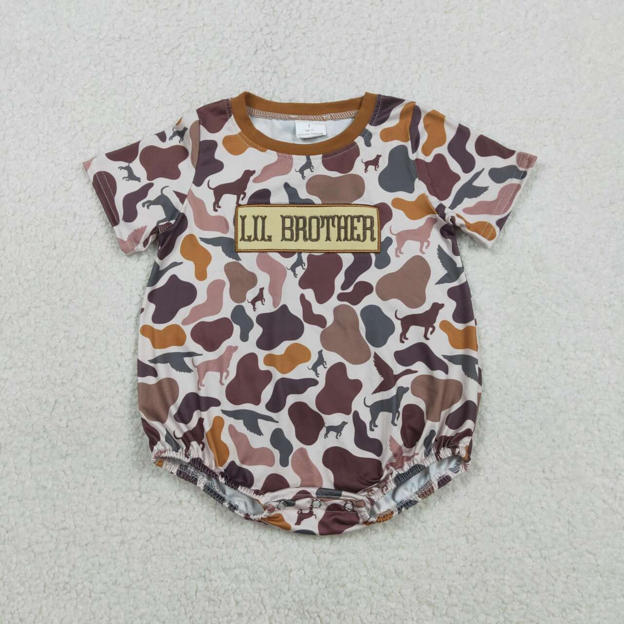 Little brother camo embroidery design baby girls romper