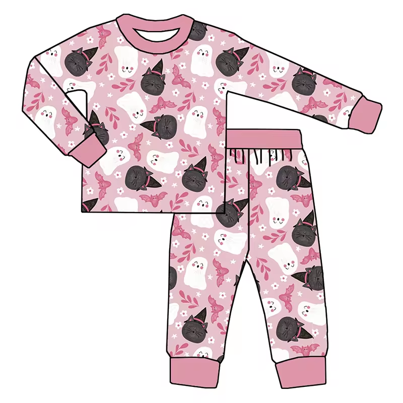 wholesale girls pink halloween ghost long sleeve pajama set